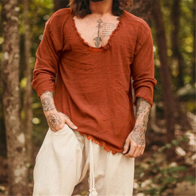 Ken – Chemise décontractée à col rond en couleur unie avec bords effilochés