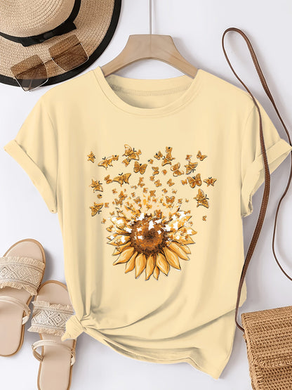 Women's casual style T-shirt with sunflower and butterfly pattern, trendy print for spring-summer