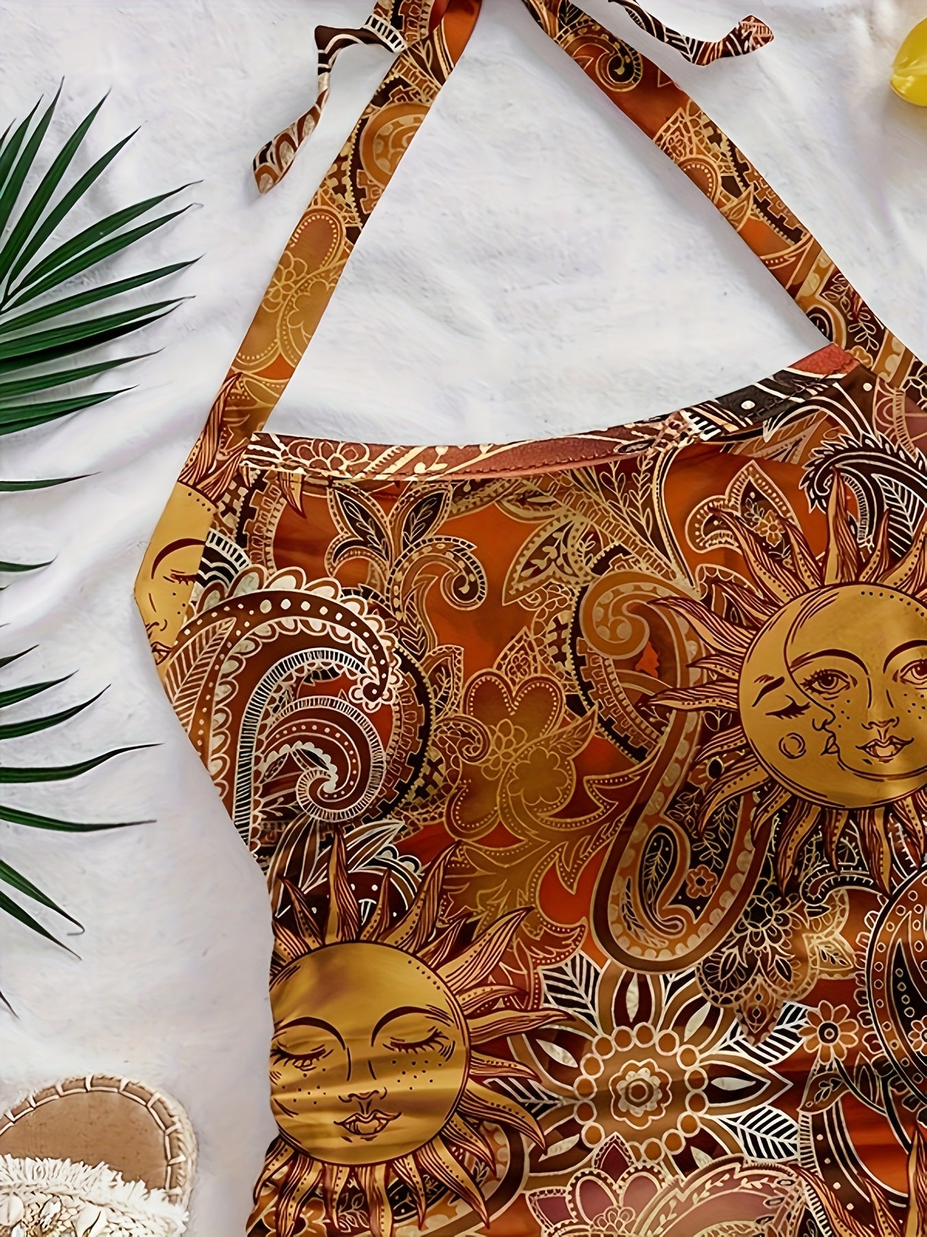Haut dos nu femme style vintage bohème imprimé soleil et lune pour été