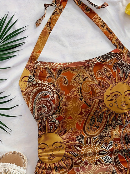 Haut dos nu femme style vintage bohème imprimé soleil et lune pour été