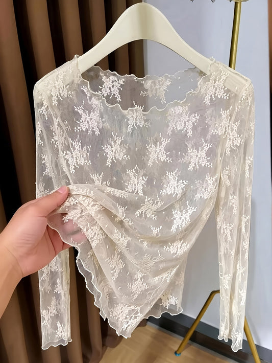 Haut Femme Transparent à Manches Longues Style Romantique Broderie Fleurie Élégant