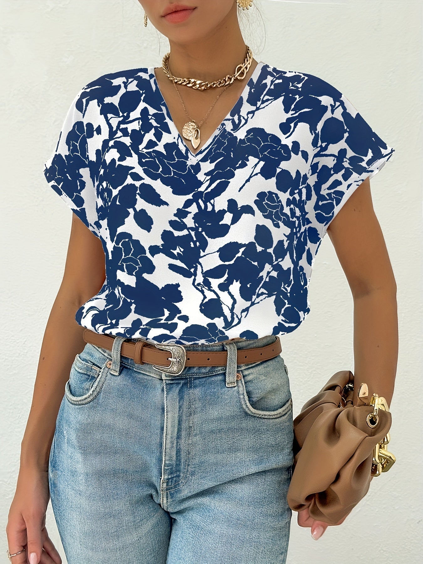 Blouse Femme Élégante Style Floral Col V pour Usage Quotidien et Professionnel