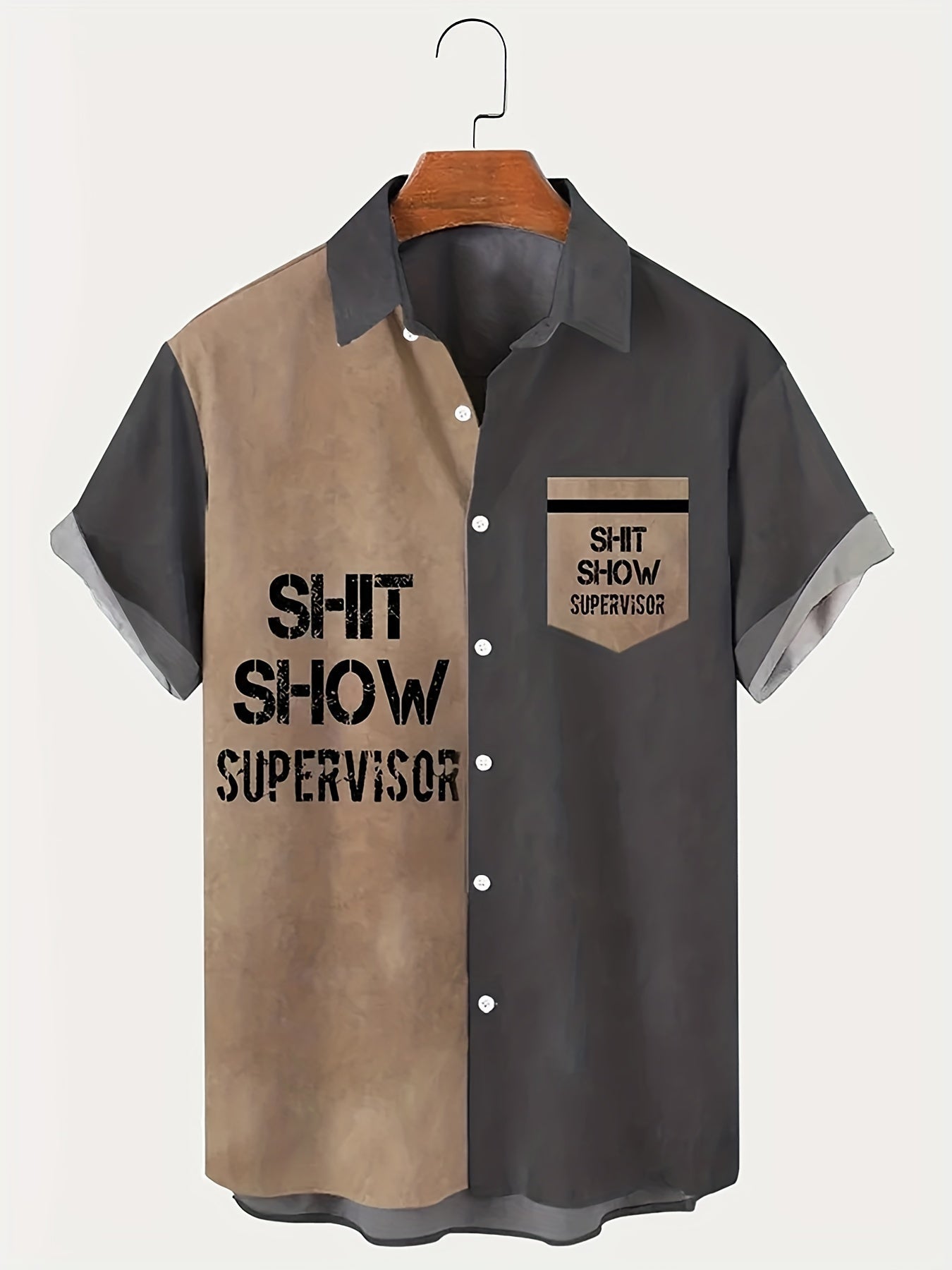Vintage herenoverhemd met korte mouwen en humoristische opdruk – Casual zomerstijl supervisor « Shit Show »