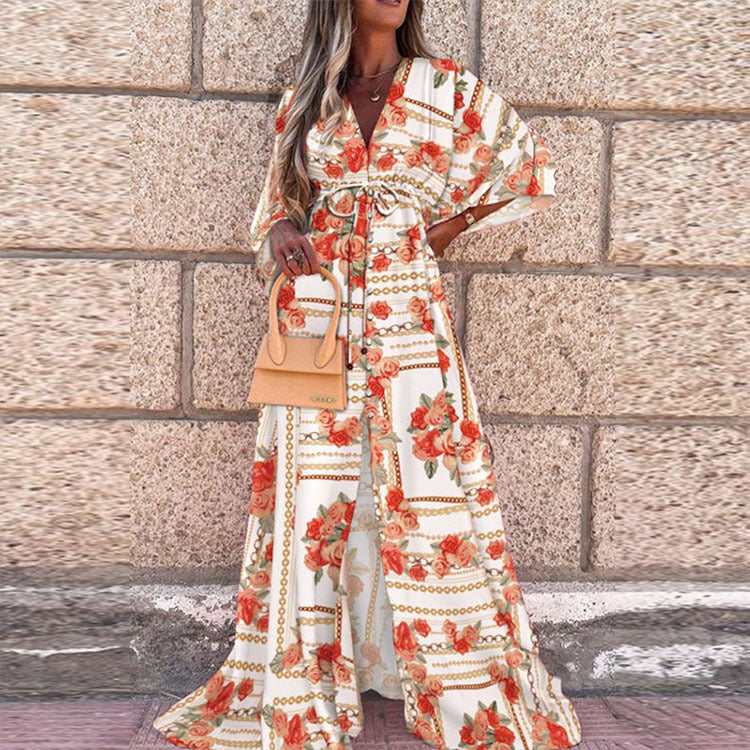 Joanne – Robe longue de plage à décolleté en V sexy et à fente irrégulière