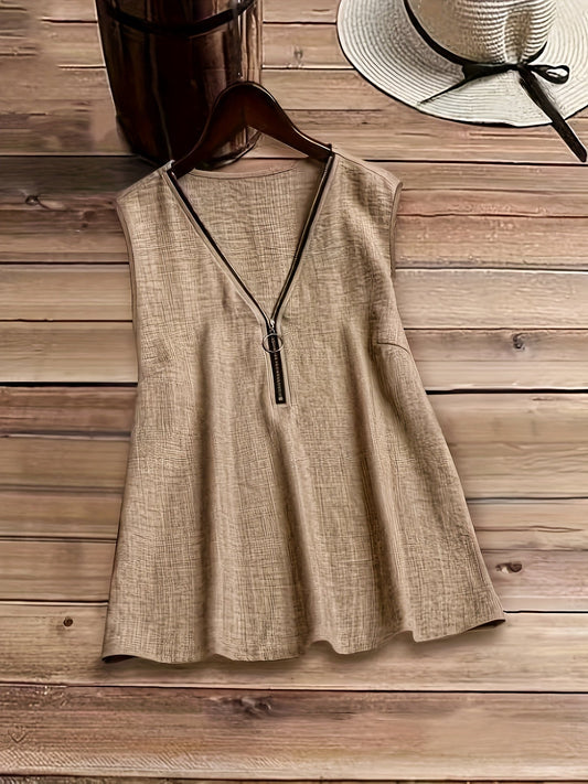 Blusa donna senza maniche stile moderno con scollo con zip per un look casual elegante