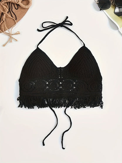 Bohemian cropped tie-front top for women, festival style with openwork details and fringes