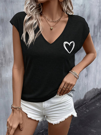 Dames T-shirt met V-hals en hartmotief, zomerse stijl
