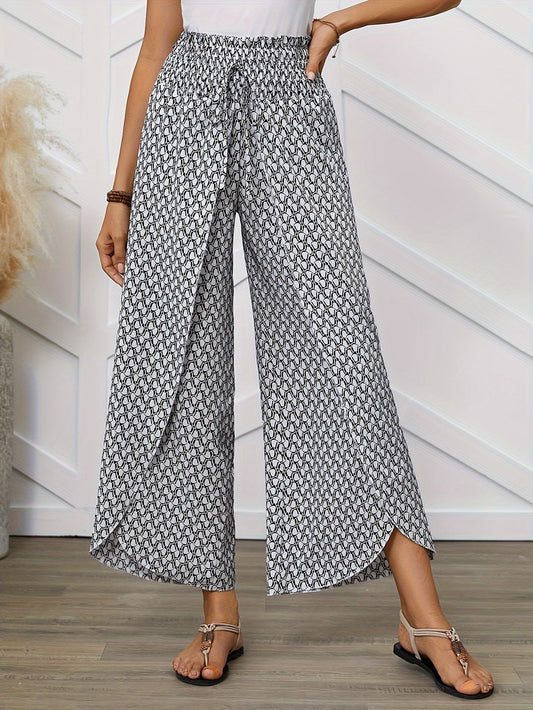 Wide-leg women's pants elegant style geometric pattern for spring/summer
