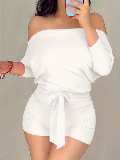 Avslappnad kort jumpsuit för kvinnor i Bardot-stil med långa ärmar för sommaren