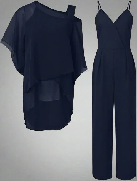 Elegant Casual Chic Women's Set – Two-Piece Outfit with Asymmetrical Top and Wide Pants for Office and Outings