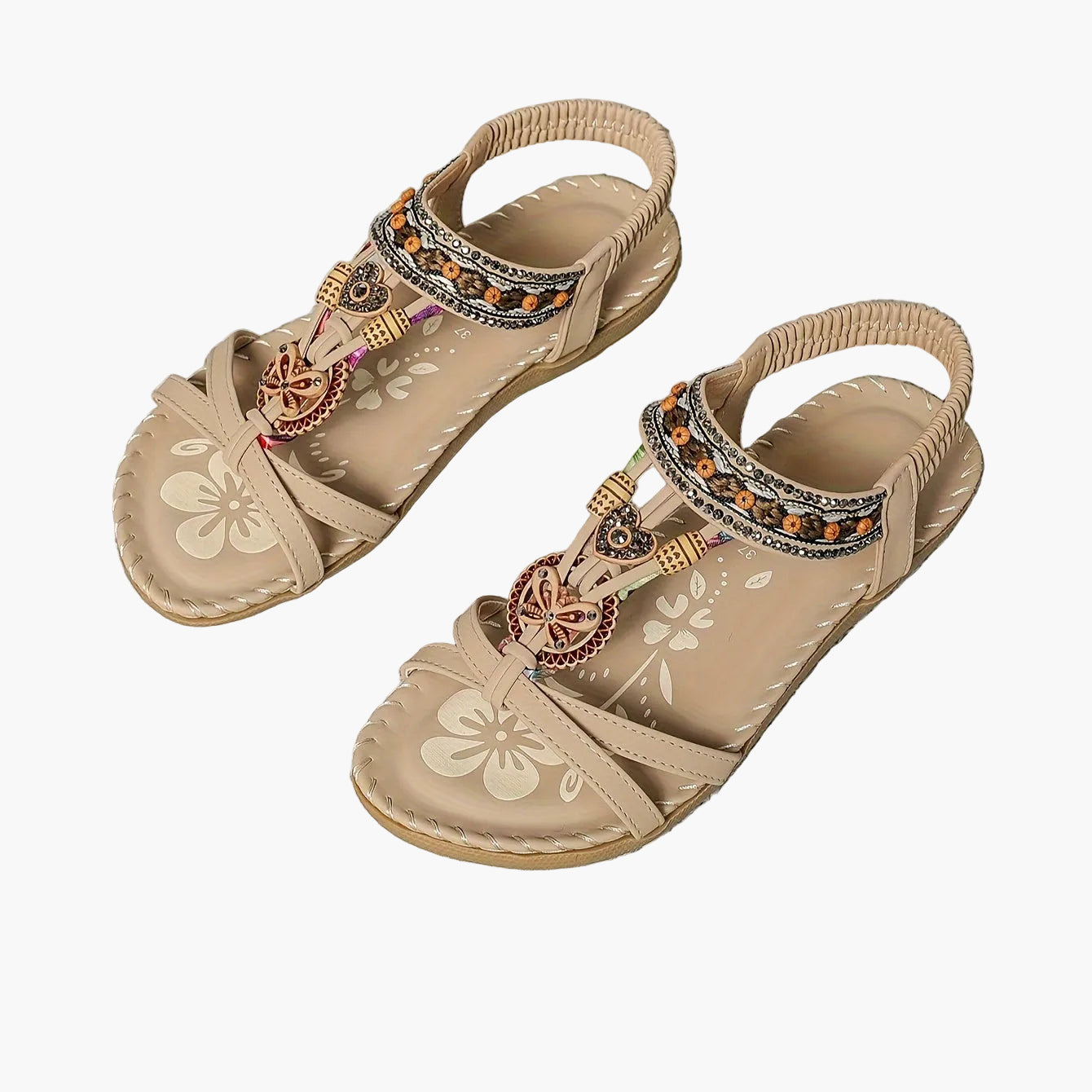 Women's Bohemian Slip-On Sandals with Ornaments and Ankle Strap - Casual Chic Style