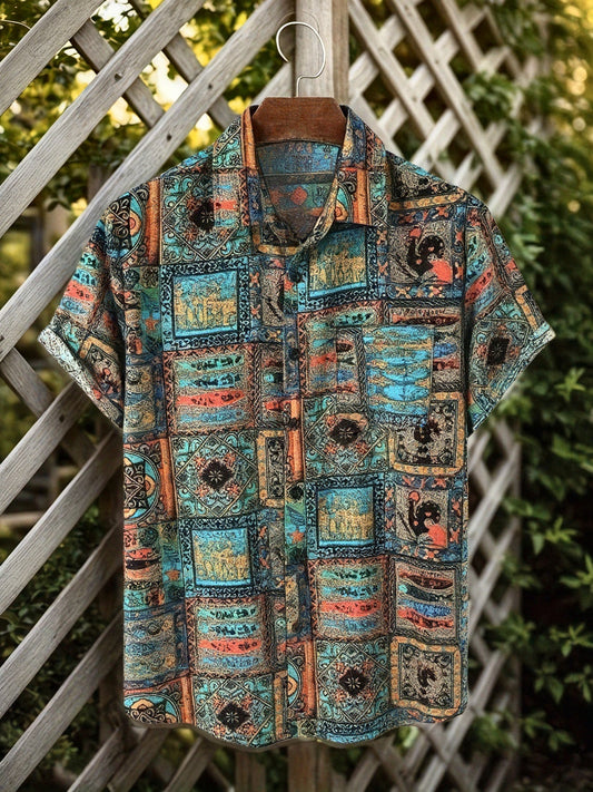 Men's Resort Shirt with Patchwork Pattern Vintage Style Short Sleeves