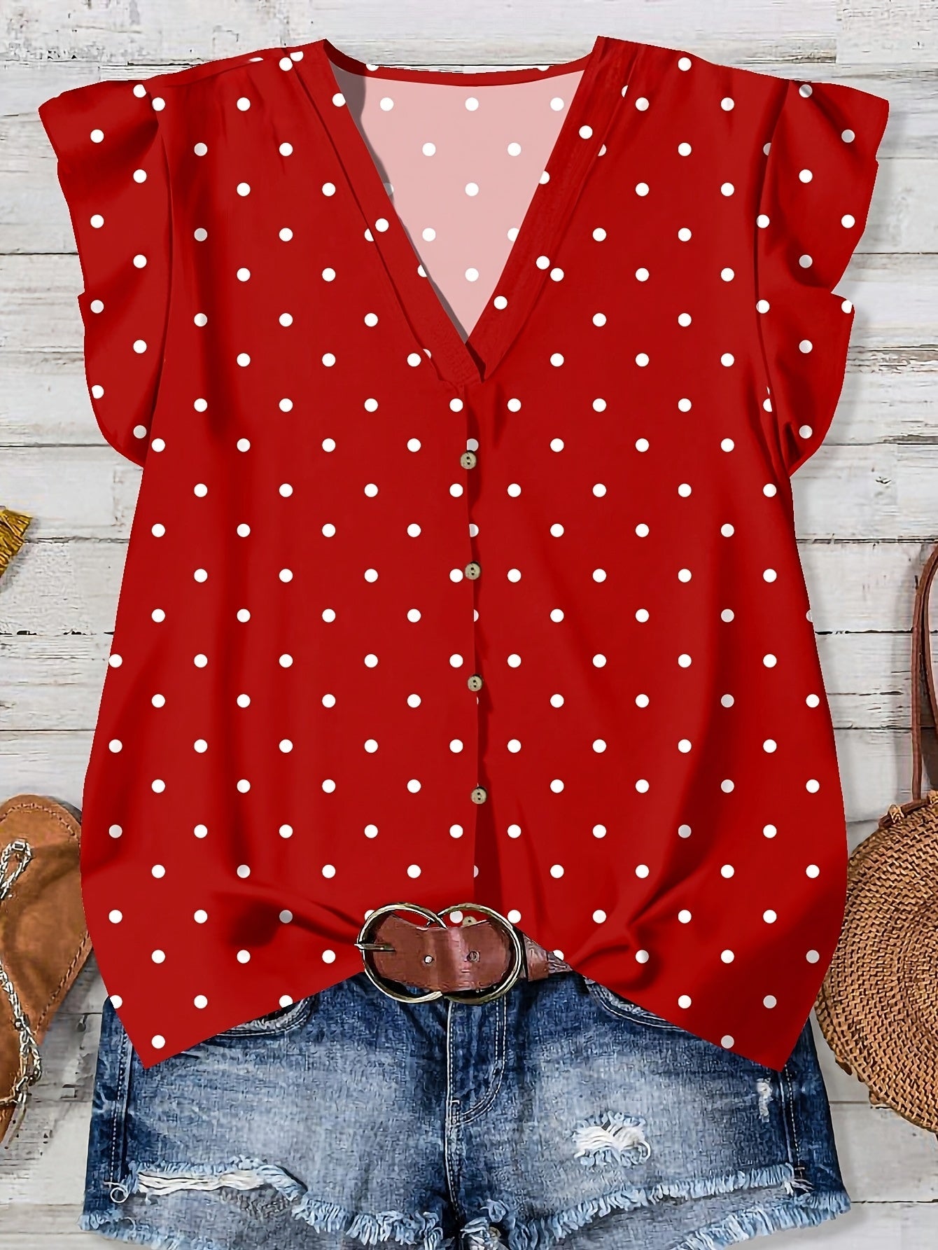 Blusa casual donna con stampa cuori, stile estivo, scollo a V, con bottoni