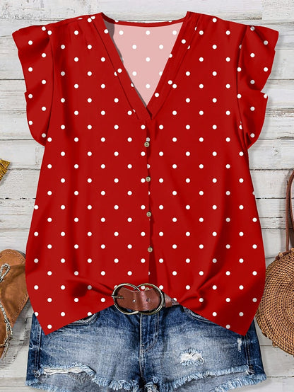 Blusa casual donna con stampa cuori, stile estivo, scollo a V, con bottoni