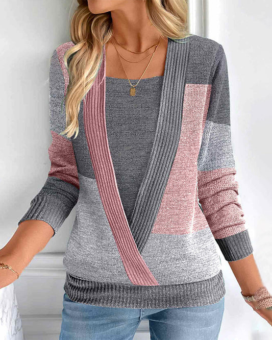 Lisa – Pull Femme à Manches Longues Colorblock avec Faux Design 2-en-1