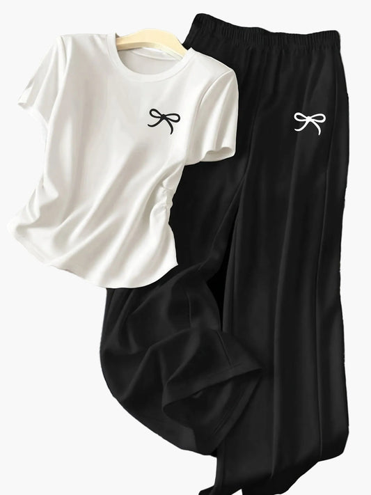 Ensemble décontracté pour femme, t-shirt à manches courtes et pantalon large, style lounge chic