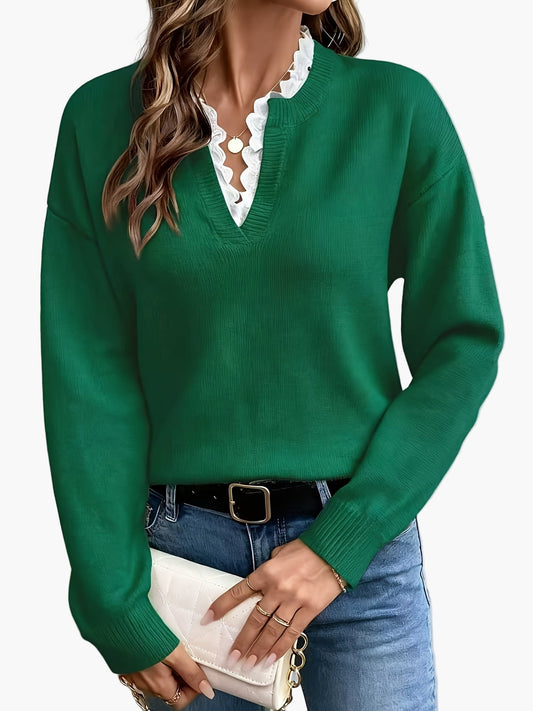 Pull élégant femme col V avec détail dentelle, manches longues, coupe ample, style casual chic pour automne/hiver