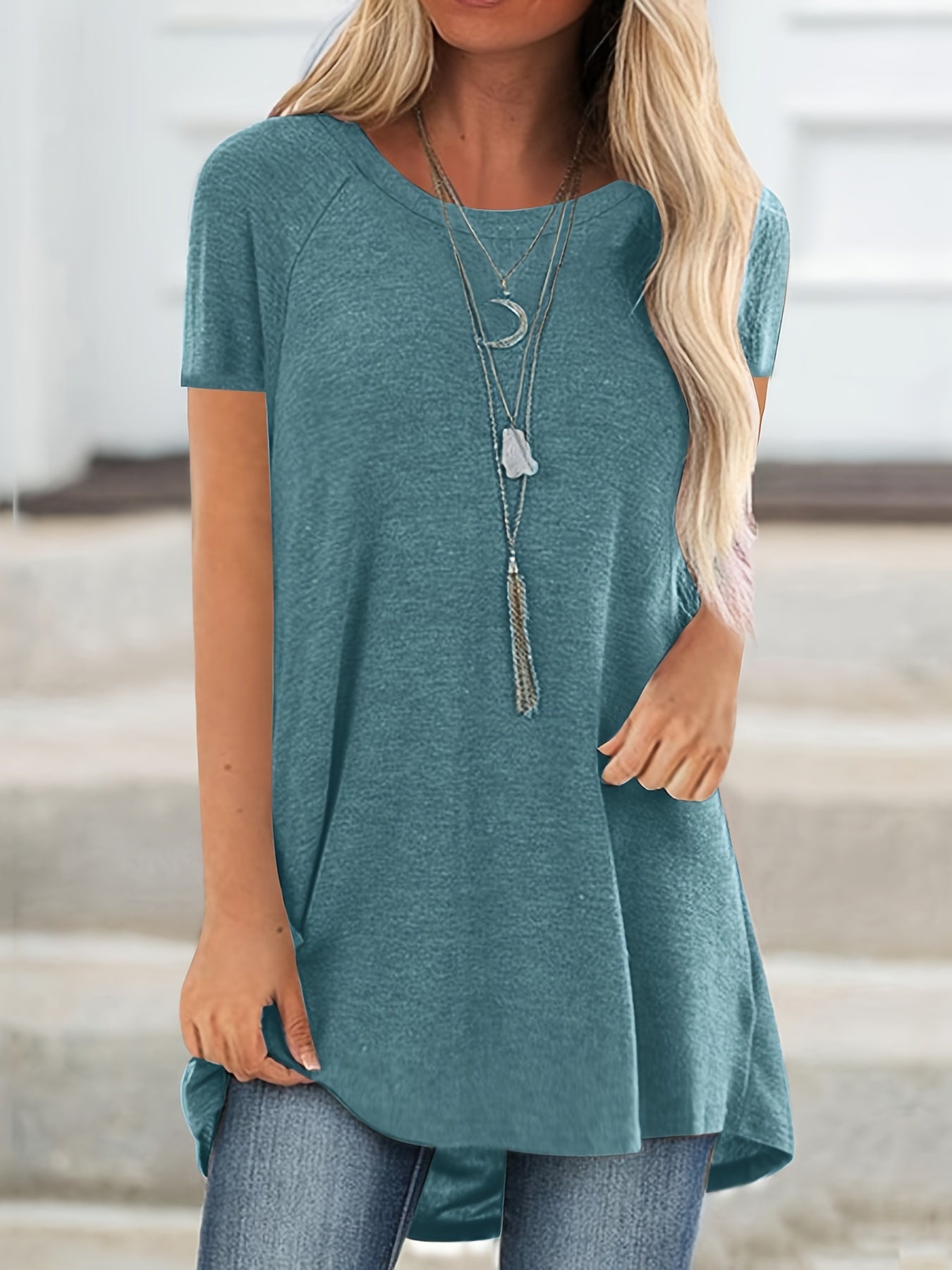 T-shirt lunga casual donna maniche corte collo tondo stile ampio per uso quotidiano