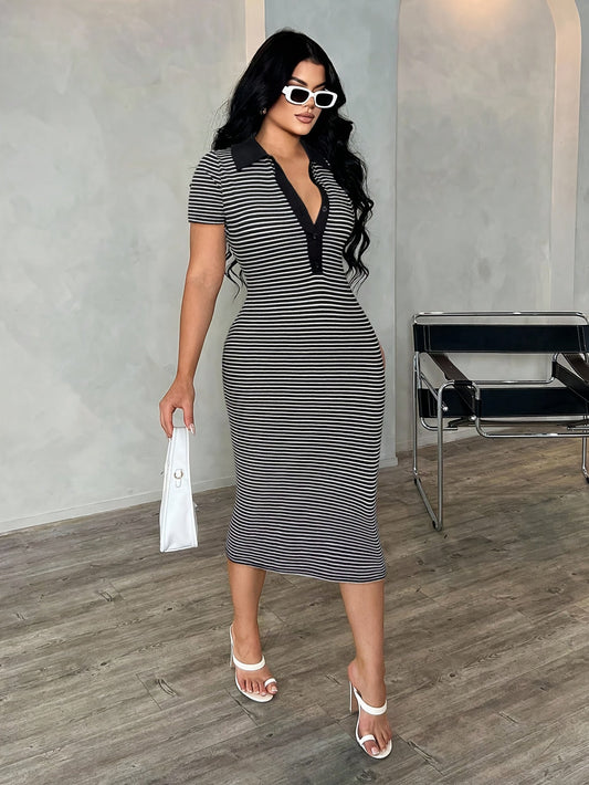 Vestido polo midi a rayas para mujer, estilo chic y elegante, silueta ajustada