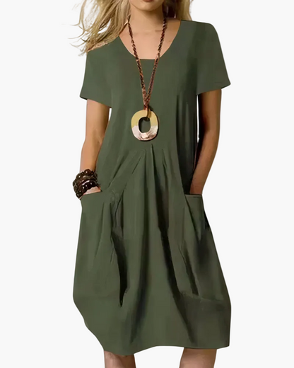 Damska sukienka midi o luźnym kroju w stylu casual chic z kieszeniami – Elegancja na co dzień