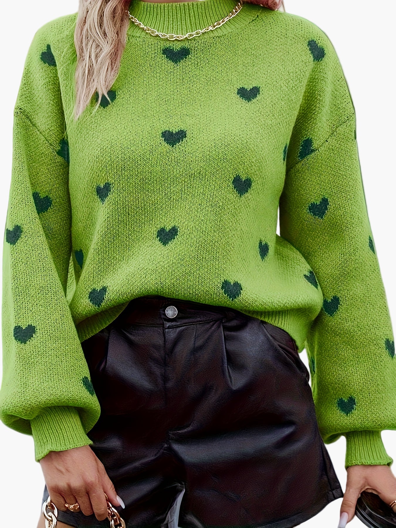 Pull décontracté à motif cœur pour femme, style automne-hiver, col montant tendance