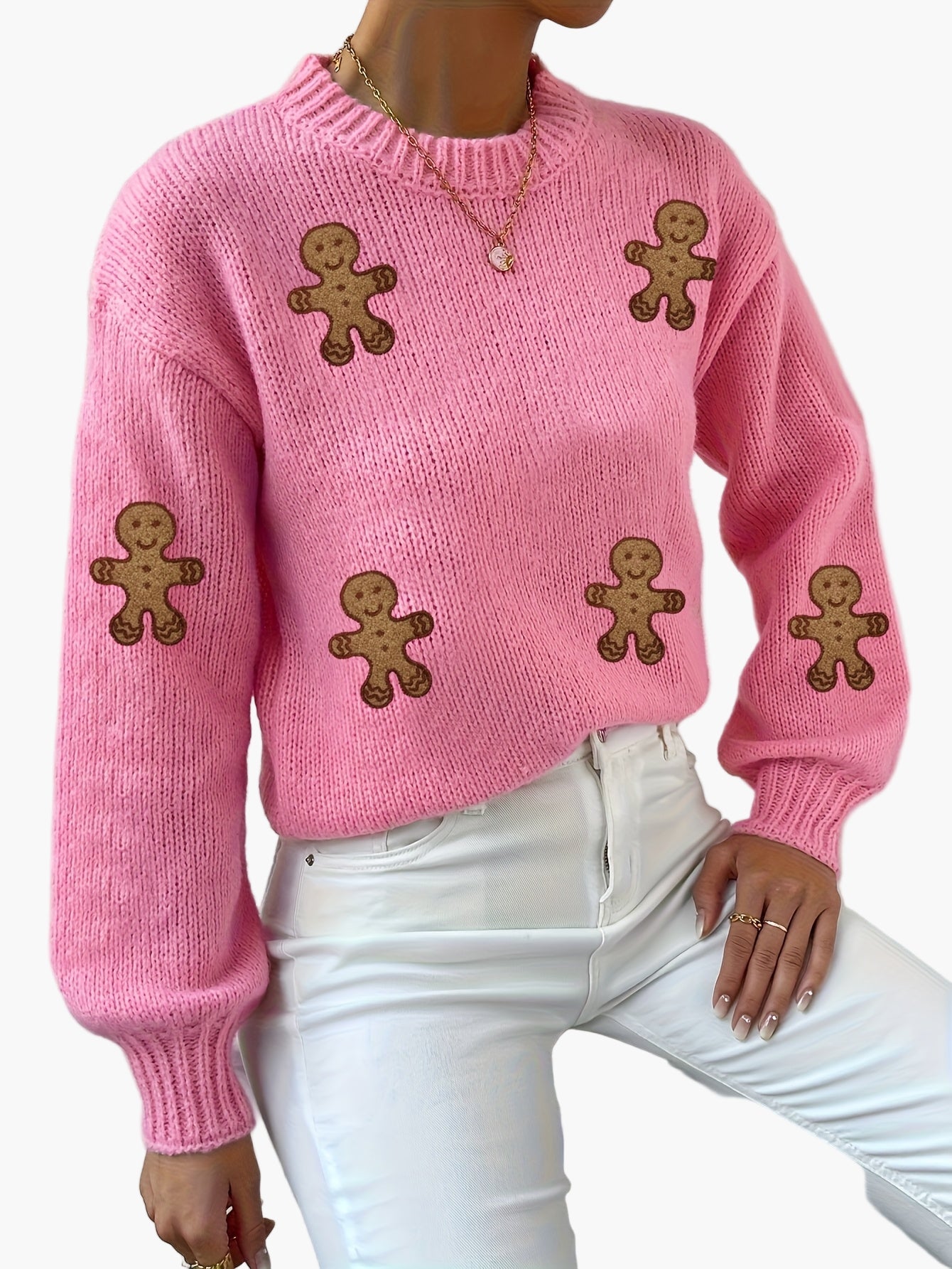 Pull femme style décontracté motif bonhomme pain d'épices pour automne-hiver