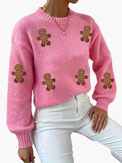 Pull femme style décontracté motif bonhomme pain d'épices pour automne-hiver