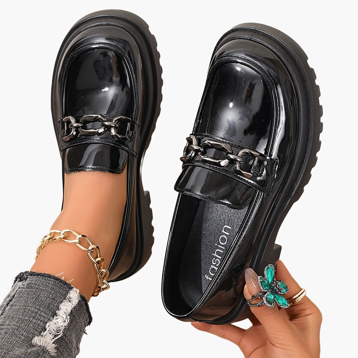 Mocassins élégants pour femme à chaîne dorée style preppy – Slip-on confort urbain