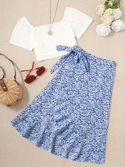 Damesensemble boho-chic stijl – Korte top met korte mouwen en bloemen wikkelrok
