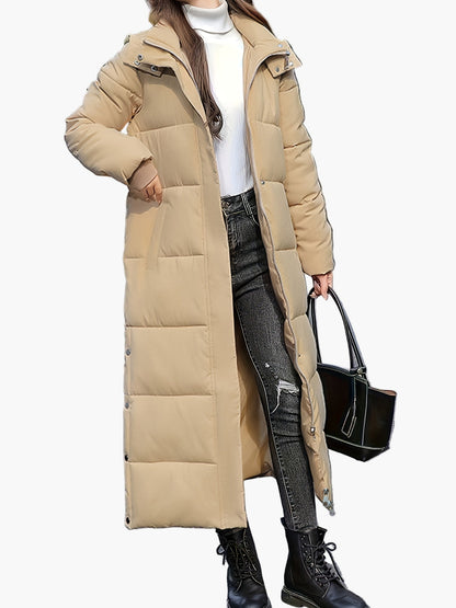 Manteau long matelassé à capuche pour femme, style élégant hiver, usage urbain et décontracté