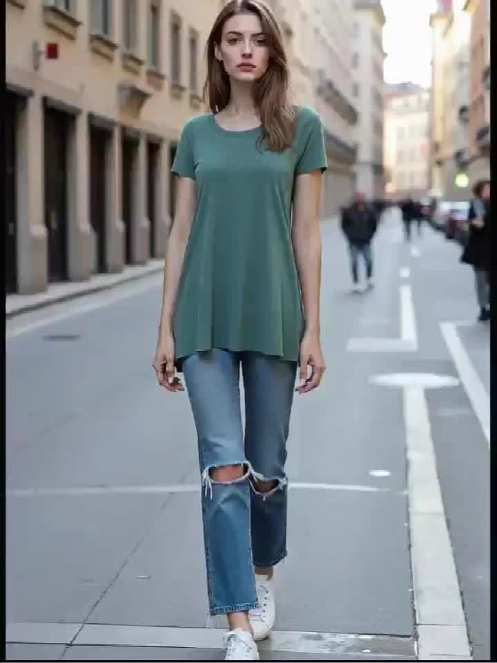 T-shirt lunga casual donna maniche corte collo tondo stile ampio per uso quotidiano