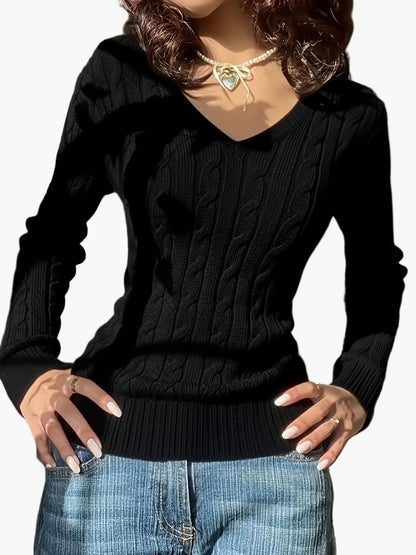 Pull Femme Style Casual à Col V et Motif Câble - Élégance Quotidienne