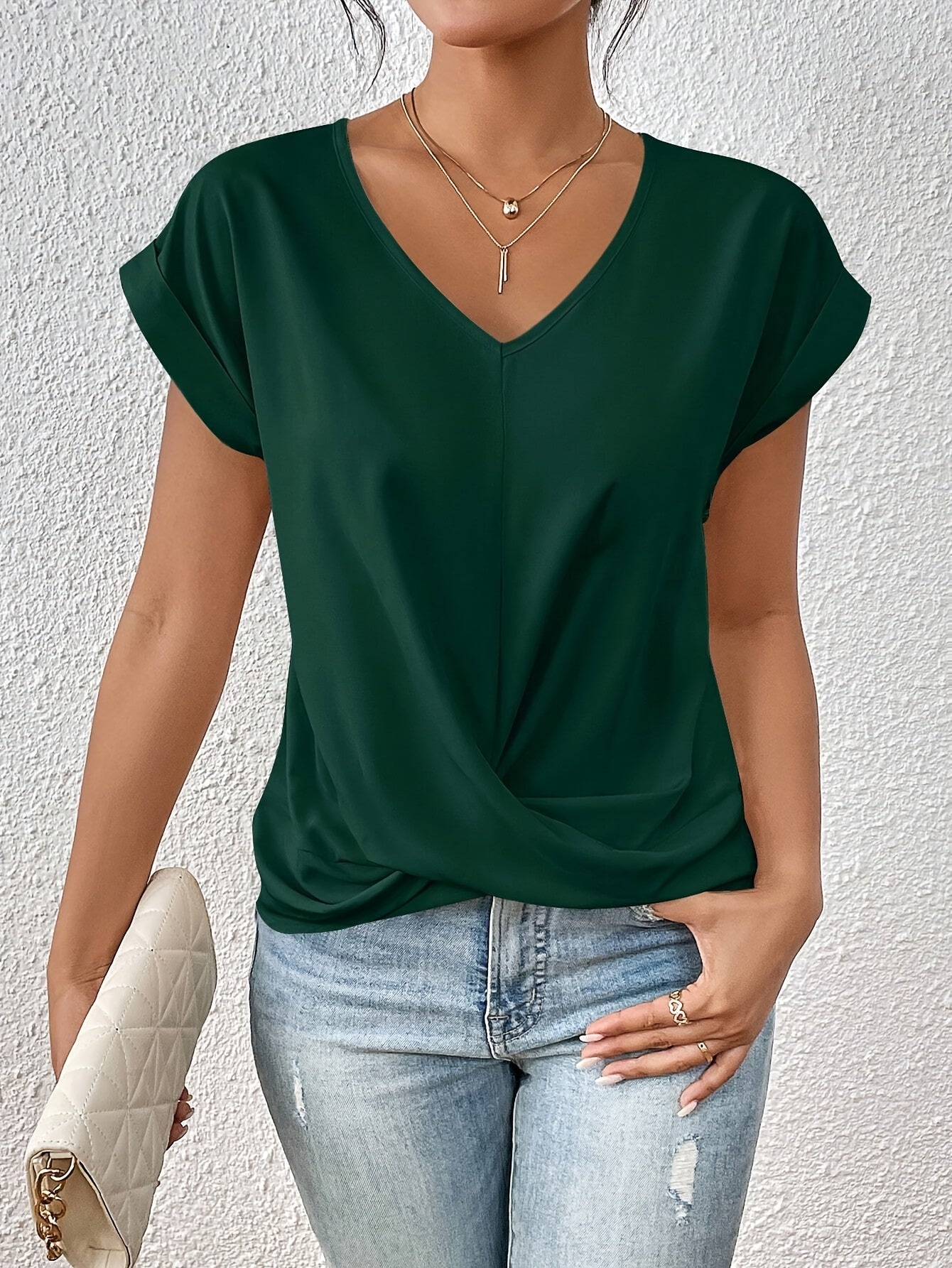 Elegant Women's Blouse Casual Style V-Neck Short Sleeves for Office and Outings