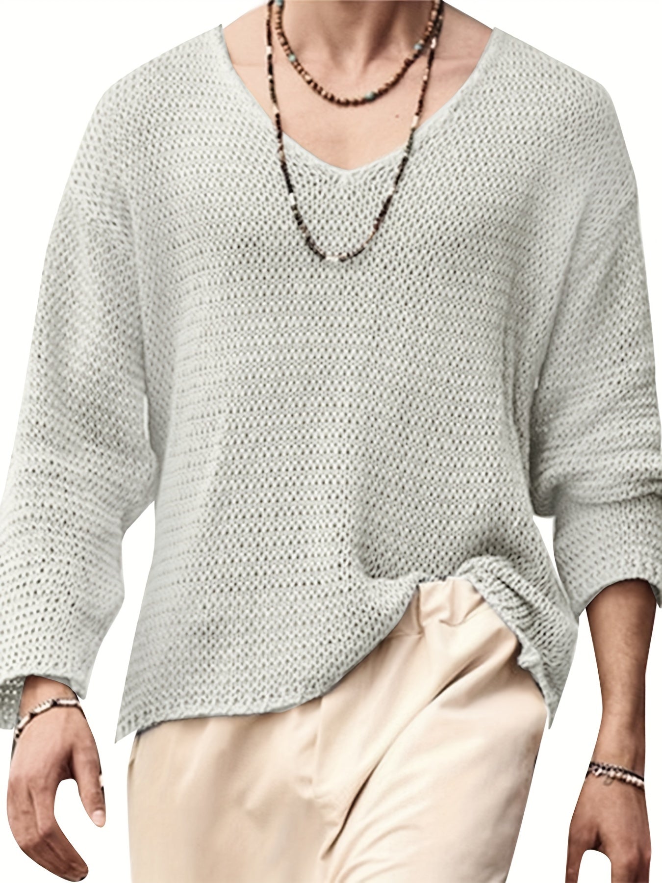 Maglione casual da uomo con scollo a V in maglia traforata, ideale per tutte le stagioni