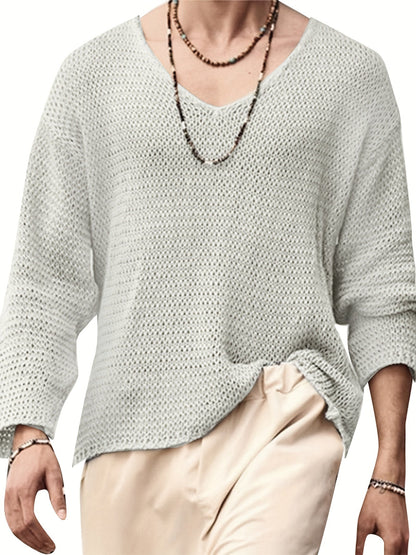 Maglione casual da uomo con scollo a V in maglia traforata, ideale per tutte le stagioni