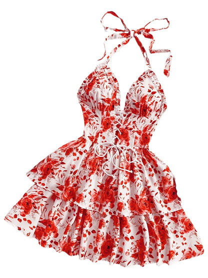 Women's summer dress in bohemian style with ruffles, halter neck, floral print, perfect for evenings and parties