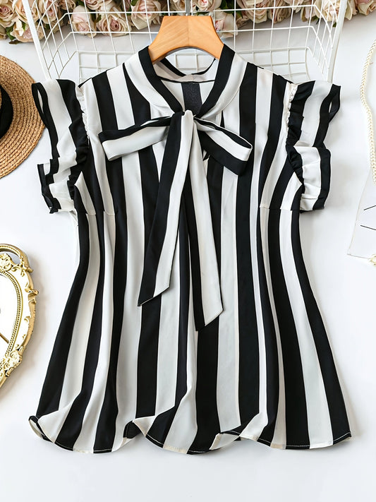 Blusa elegante a righe da donna con colletto lavallière e maniche a volant - Stile chic per ufficio o uscite