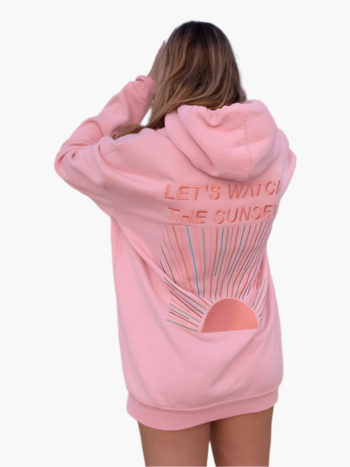Sweat à Capuche Oversize Femme Style Décontracté Message 'Let's Watch the Sunset' Idéal pour Plage et Loisirs