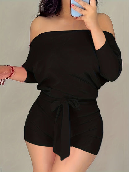 Avslappnad kort jumpsuit för kvinnor i Bardot-stil med långa ärmar för sommaren