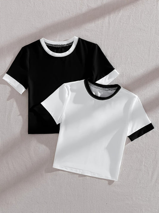 T-shirts style décontracté col rond manches courtes pour femmes - lot de 2