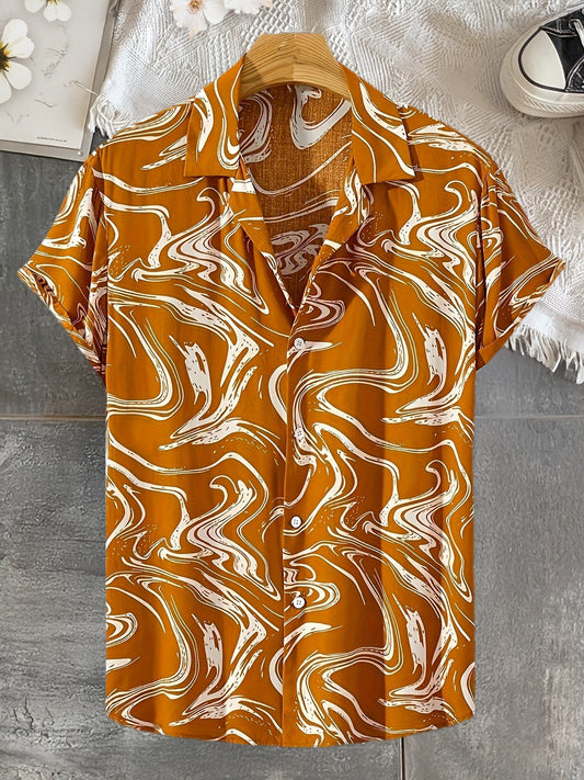 Men's short-sleeve resort-style shirt with modern marble pattern, perfect for vacations and casual outings