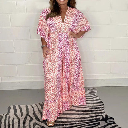 Jacqueline – Combinaison Évasée à Taille Haute et Imprimé Col V