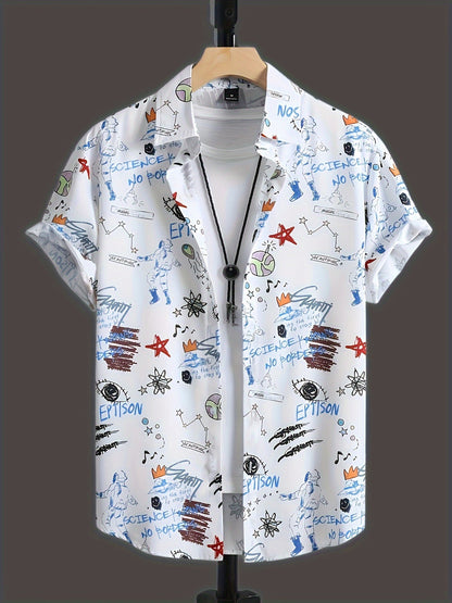 Herenoverhemd Streetwear Stijl met Graffiti Print Korte Mouwen – Casual Stedelijke Mode