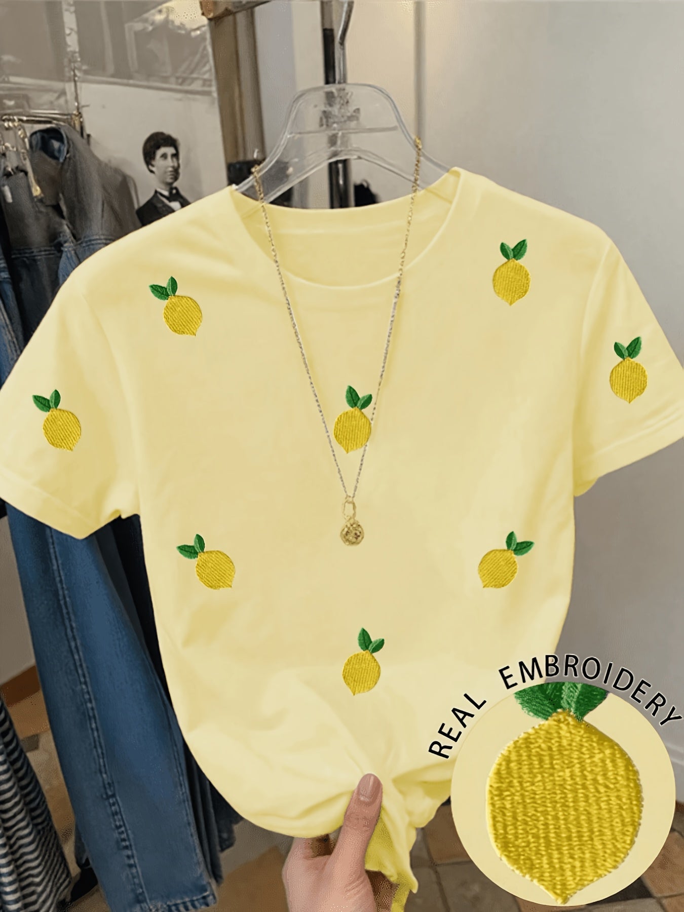 T-shirt décontracté pour femme motif citrons brodés style fruité tendance