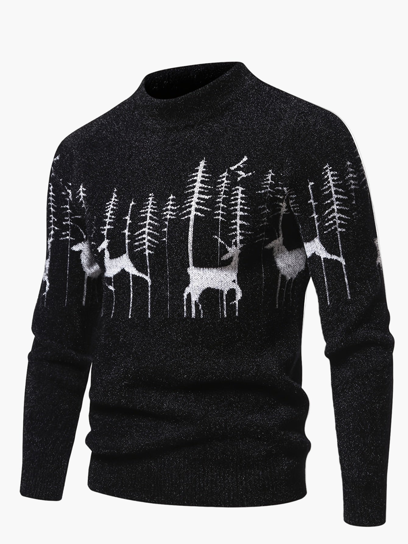 Pull homme style nordique à col rond, motif cerfs et forêt, hiver décontracté