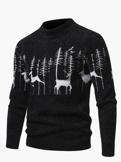 Pull homme style nordique à col rond, motif cerfs et forêt, hiver décontracté