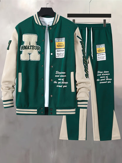 Varsitystijl universiteitsset voor heren, casual sportieve jas en broek, trendy