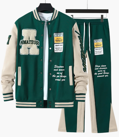 Varsitystijl universiteitsset voor heren, casual sportieve jas en broek, trendy