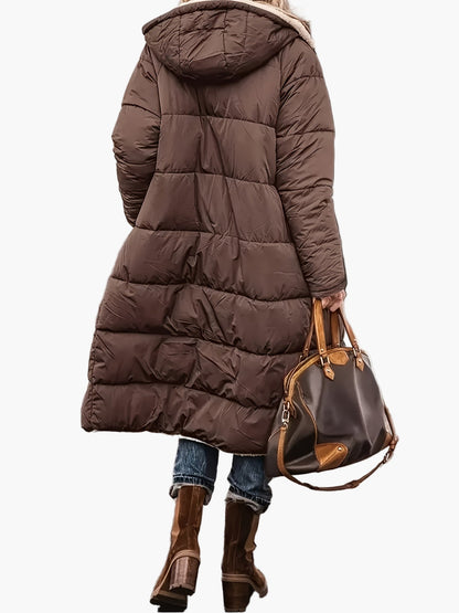 Manteau long d'hiver femme style décontracté avec capuche et doublure chaude, idéal pour les voyages et le quotidien