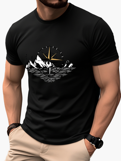 Herre T-shirt Eventyrstil Bjerg Kompas Grafik – Afslappet og Rejse